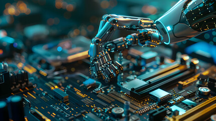 A robotic arm controlled by AI technology assembling electronic components. Epic shot.


