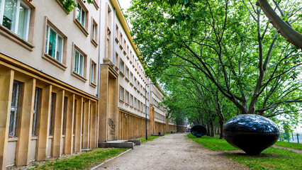 Green leaf trees surrounds the path next to the Geological Museum of the University of Wrocław,...