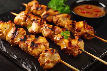 Chicken Satay on a plate with sauce 