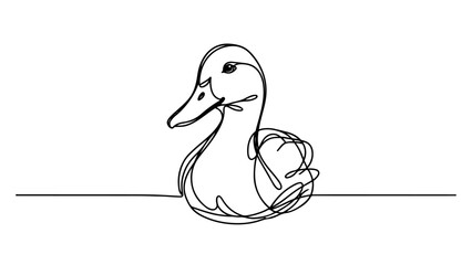 A continuous line drawing of a realistic duck on water