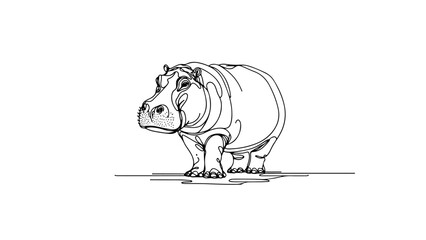 A continuous line drawing of a realistic hippopotamus