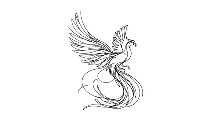 A continuous line drawing of a realistic phoenix