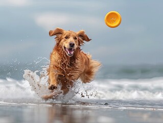 Joyful dog r leaping to catch an orange frisbee in the sea.