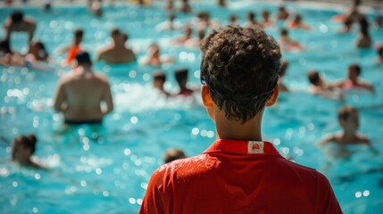 A lifeguard watching over swimmers at a busy public pool