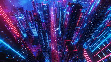 A sleek, futuristic cityscape at night, glowing neon lights, reflective skyscrapers, busy aerial traffic patterns above.