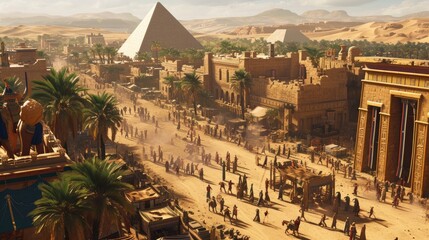 Naklejka premium An ancient Egyptian city at the peak of its glory, with pyramids, Sphinx, and bustling markets. Resplendent.