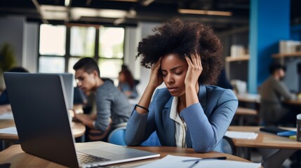 A young Caucasian call center telemarketing agent with a headache works on a computer in an office. Woman consultant exhausted and demotivated. Unproductive worker with challenging callers