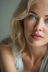 Naklejka premium Portrait, half face, and woman with business inspiration and mockup. A gorgeous professional woman's cosmetics and natural face on a blurred background with text space.