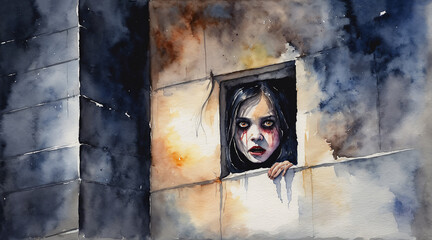 White pale and scary face in a window on the wall, watercolor painting style, generative AI.