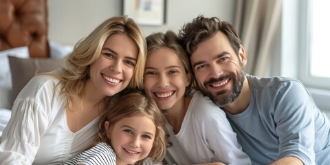 Happy Caucasian family of four in pajamas sleeping at home. Two children sleeping on their loving parents. Cute girls cuddling with their parents during sleep