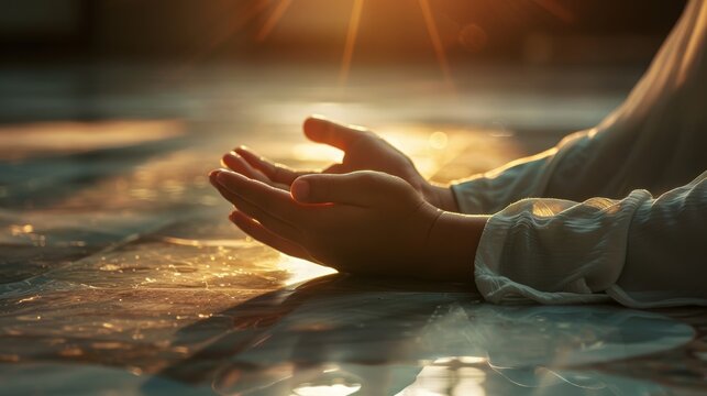 Prayer, hands, and religion with man Muslims pray to God in faith or devotion during Eid or Ramadan. Islamic trust or mosque with an arabic man in a temple for fasting prayer