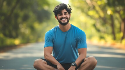 A fit young Indian man warms up by touching his feet and stretching his legs to avoid injury while exercising outside. A muscular man prepares for a park run or workout.