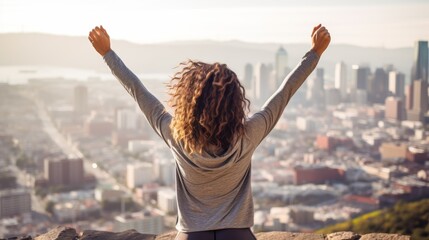 While exercising outdoors, a mixed-race woman pulls elbow with hands to spine behind head to extend arms and triceps. Woman warming up for workout or run.
