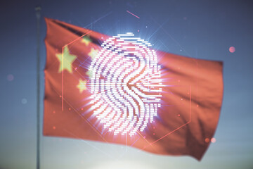 Multi exposure of virtual creative fingerprint hologram on Chinese flag and blue sky background,...