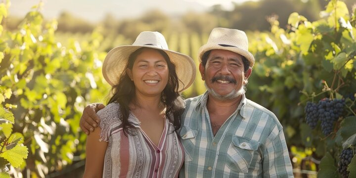 Mixed-race couple smiling on vineyard. Happy Hispanic guy and wife smiling on a farm after weekend wine tasting. Woman and man with caps stand together