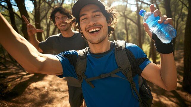 Smartphone selfie of joyful young mixed-race couple running in outdoors. Happy young man and woman in sportswear exercising in the bush. Achievement of couple goals
