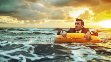 Fototapeta premium A suited businessman confidently rides a raft at sea, holding a lifebuoy, embodying a mix of business and adventure in a surreal setting