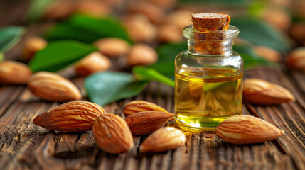 Almond oil in a small glass bottle surrounded by raw almonds on a rustic wooden surface