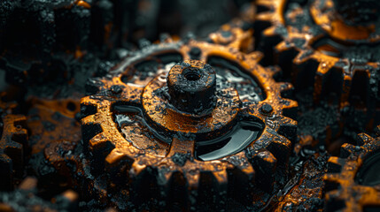 Macro shot of oily gears and cogs, illustrating the concept of industry and machinery with a focus on detail, texture, and the interplay of technology.