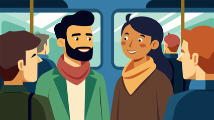Two strangers making eye contact and smiling at each other on a crowded subway acknowledging their shared experience.. Vector illustration
