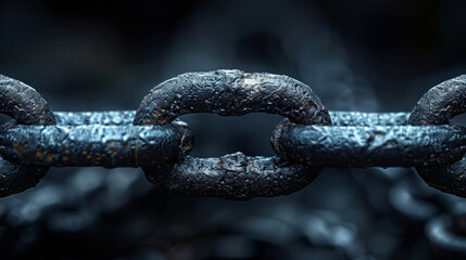 Macro shot of a rugged, frost-covered metal chain on a black background, highlighting strength and durability with high detail and texture. - Powered by Adobe