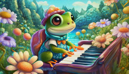 oil painting style CARTOON CHARACTER CUTE baby frog playing piano isolated on white background, top view. side front