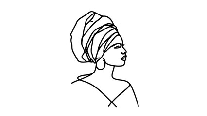 A one continuous line drawing of an African woman wearing a traditional African turban