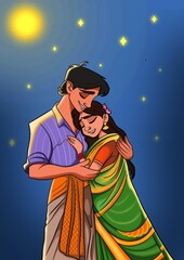 Fototapeta premium Indian married couples in the night illustration, digital romantic art, couples illustration, digital art of couples, Indian couples vector art