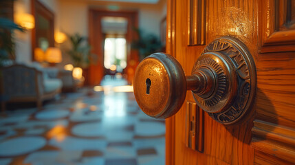 ornate vintage door knob with keyhole in a luxury hotel - obrazy, fototapety, plakaty