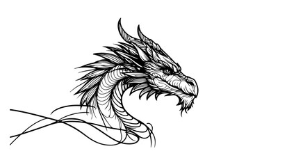 A realistic dragon head depicted in a continuous line drawing style