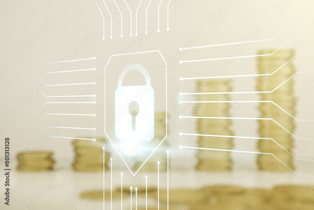 Aufkleber virtual creative lock symbol and microcircuit illustration on stacks of coins background. protection