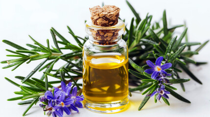 Rosemary oil in a transparent glass bottle with fresh rosemary sprigs and purple flowers on white background