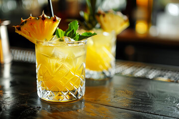 Aesthetic Danish design cocktails with pineapple garnishes served on a bar counter, inviting and stylish