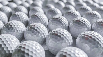 Close-up of pristine white golf balls arranged tightly, showcasing the dimpled texture, perfect for...