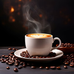 coffee with background concept blank space latte lure background for coffee,Coffee cup and coffee beans on black background, top view,generate ai
