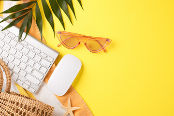 Simplistic and stylish remote work arrangement on a sunny yellow background, featuring a laptop,...