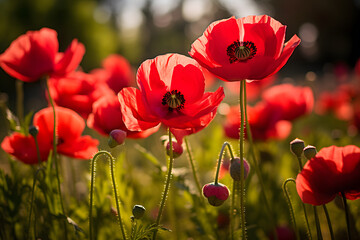 Obraz premium Scarlet red poppies in a meadow; shallow depth of field, macro shot that focuses on the soft textures and vivid colors Generative Ai,