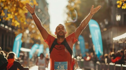 A man's proud moment finishing a marathon, arms raised in victory