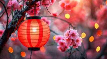 Fototapeta premium Red Chinese lantern hanging from a branch with blooming cherry blossoms against a blurred background of lights