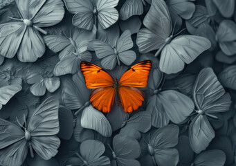striking orange butterfly on a grey floral background, standout concept