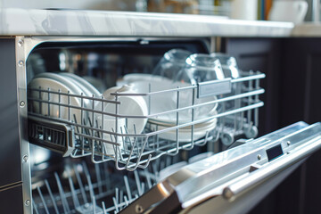Clean white dishes organized inside a modern dishwasher in a well-lit kitchen, exemplifying efficient household management and modern appliance use.