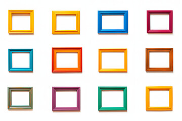 Obraz premium Set of colorful window frames isolated on a white background, including vibrant and painted wooden frames, offering a playful Generative Ai,
