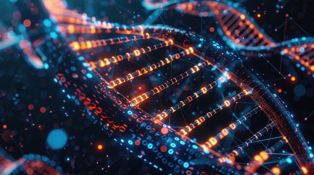 3D model of a DNA sequence, highlighted with digital data tags showing genetic mutations and variations in a scientific setting,