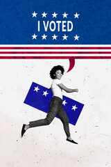 Vertical photo collage of happy american girl run hold big ballot paper run election process vote...