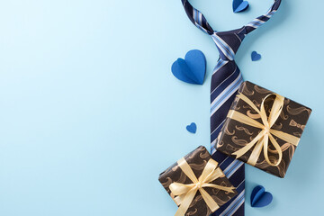 Flat lay arrangement of Father's Day gifts including a stylish necktie, wrapped boxes, and...