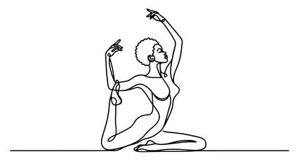 One continuous line drawing of a black woman doing yoga