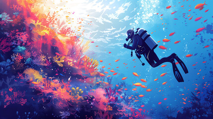 Diver explores vibrant coral reef underwater, world of a coral reef, equipped with their scuba gear and oxygen mask, marine life, vibrant colors of corals, fish