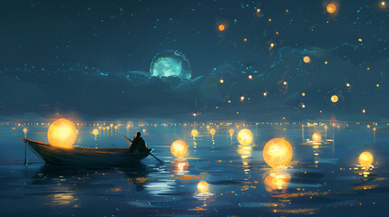An image of a man rowing a boat at night