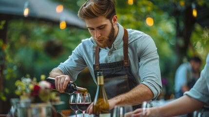 A man wearing an apron is elegantly pouring wine into a wine glass as part of a leisurely cooking event, enjoying a glass of alcoholic beverage