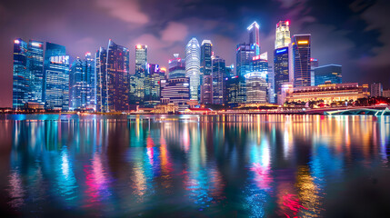 Fototapeta na wymiar A dazzling, night-time panorama of Singapore's bustling cityscape and local attractions